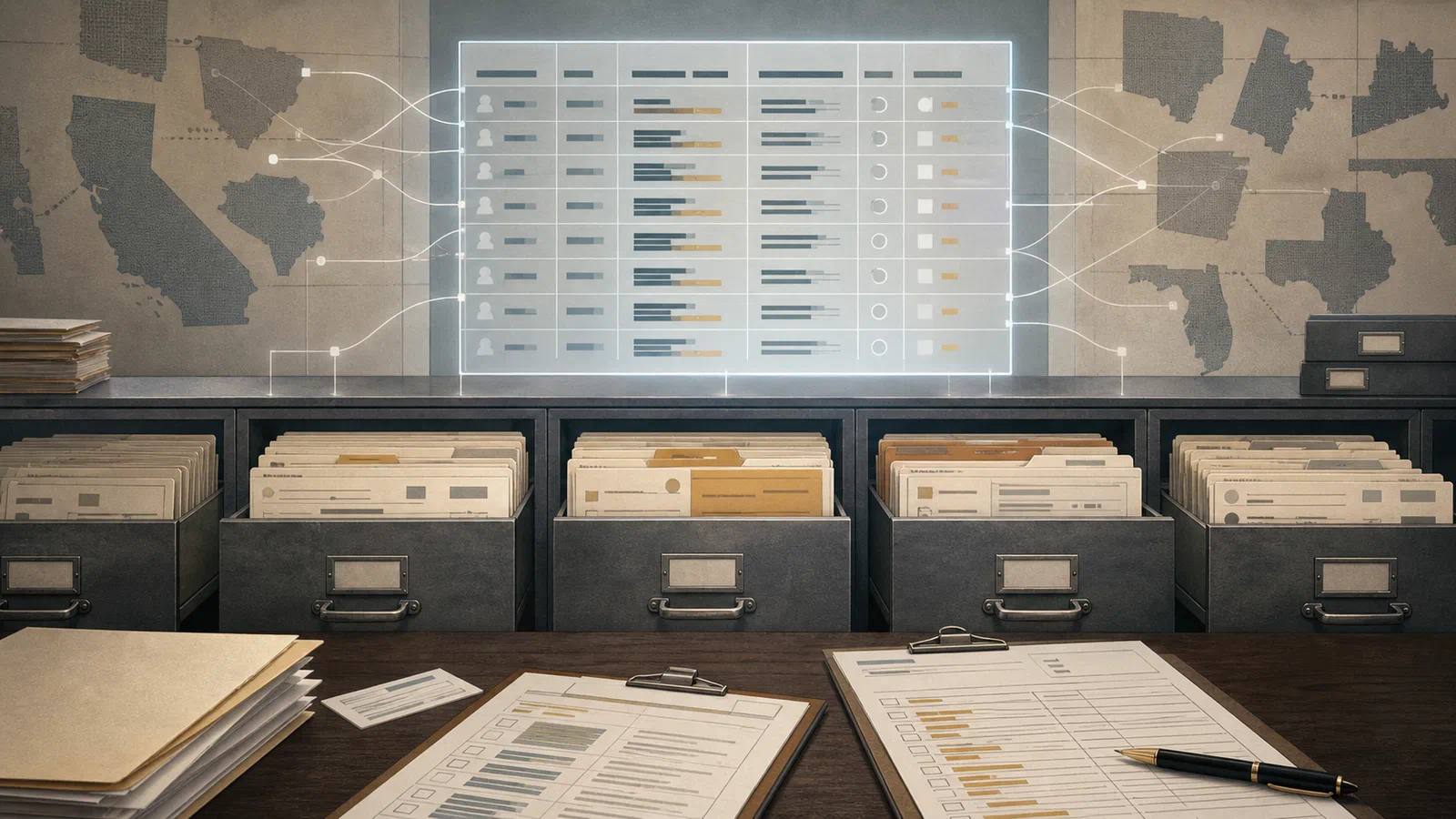 An editorial illustration of a voter-roll database projected over file drawers, state maps, and correction forms.