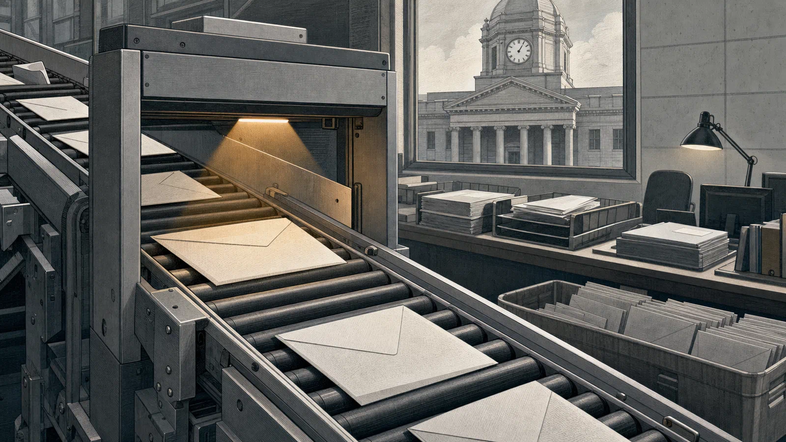 An editorial illustration of ballot envelopes moving through a postal sorting machine while a courthouse clock and county clerk desk sit in the background.