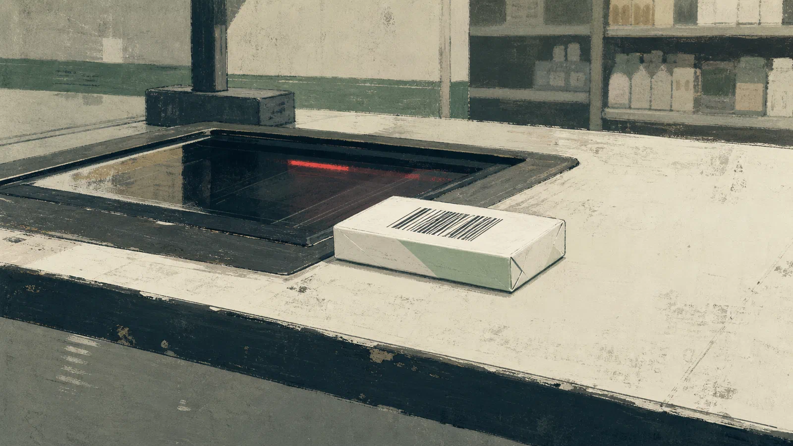 A pack of gum with a stark UPC-like code resting beside a low grocery scanner under cool fluorescent light.