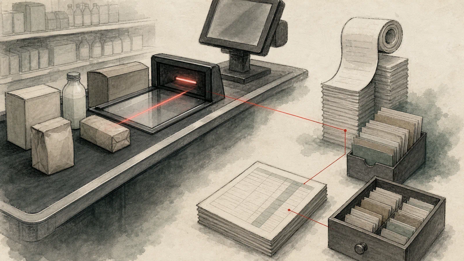 A grocery checkout lane seen as a quiet ledger, with a scanner light linking packages to stacked receipt paper and inventory cards.