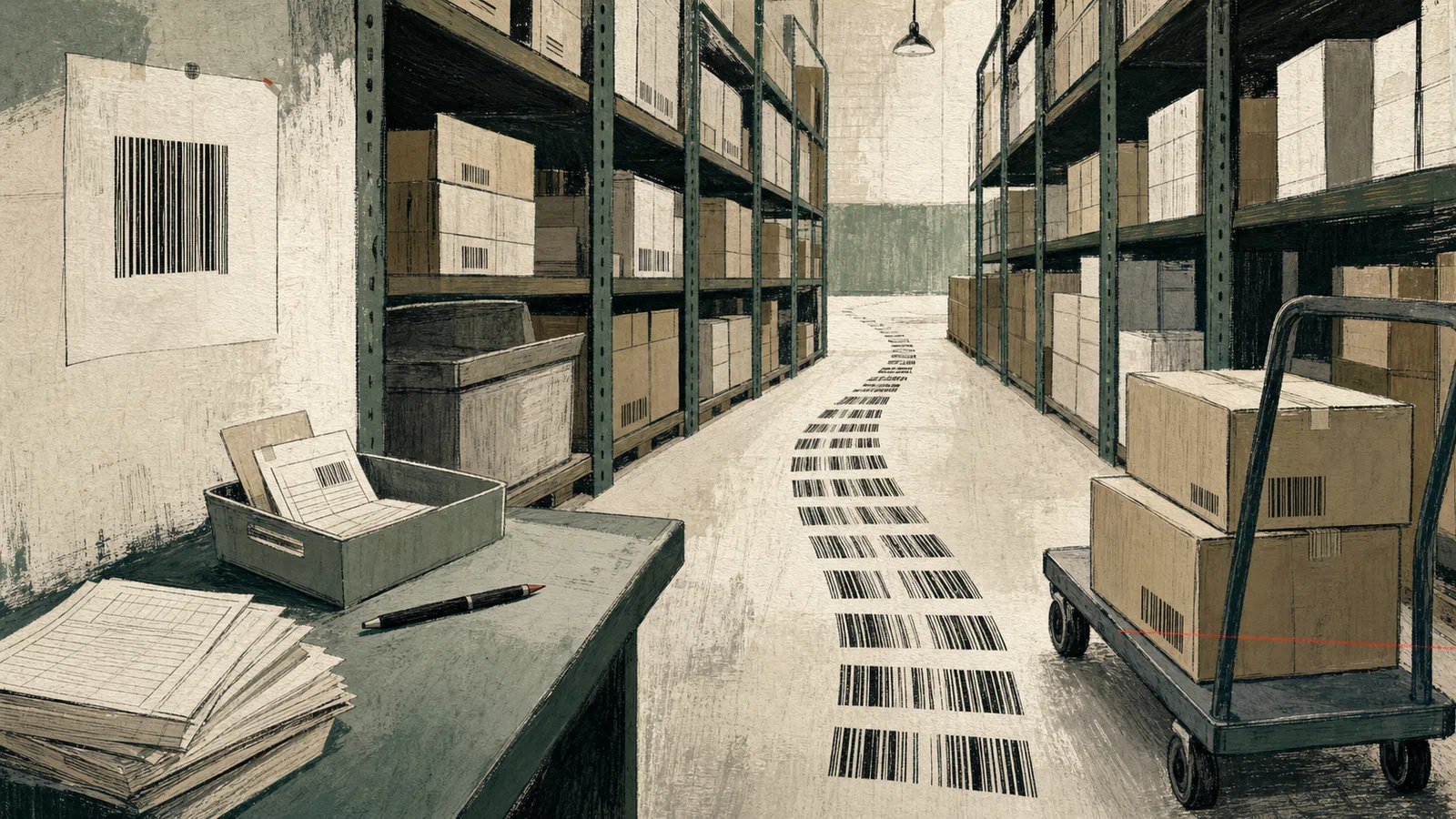 A warehouse aisle where simple black product codes become a shared path through shelves, carts, cases, and reorder slips.