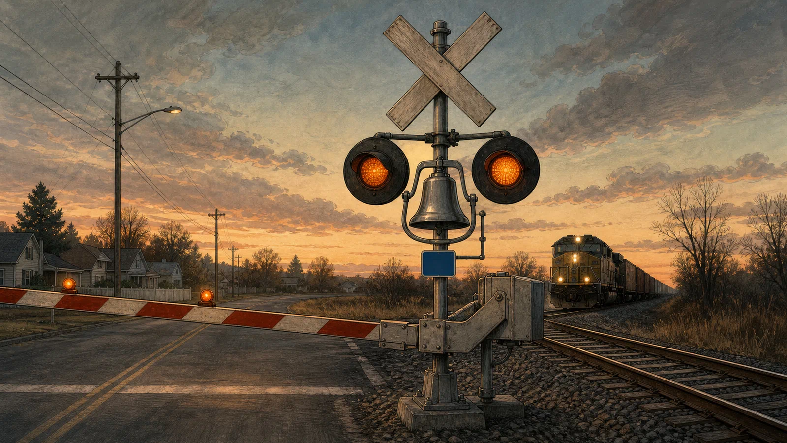 Editorial illustration of a rural railroad crossing at dusk with a crossbuck, gate arm, signal bell, blue emergency sign, and freight cars approaching beyond the road.