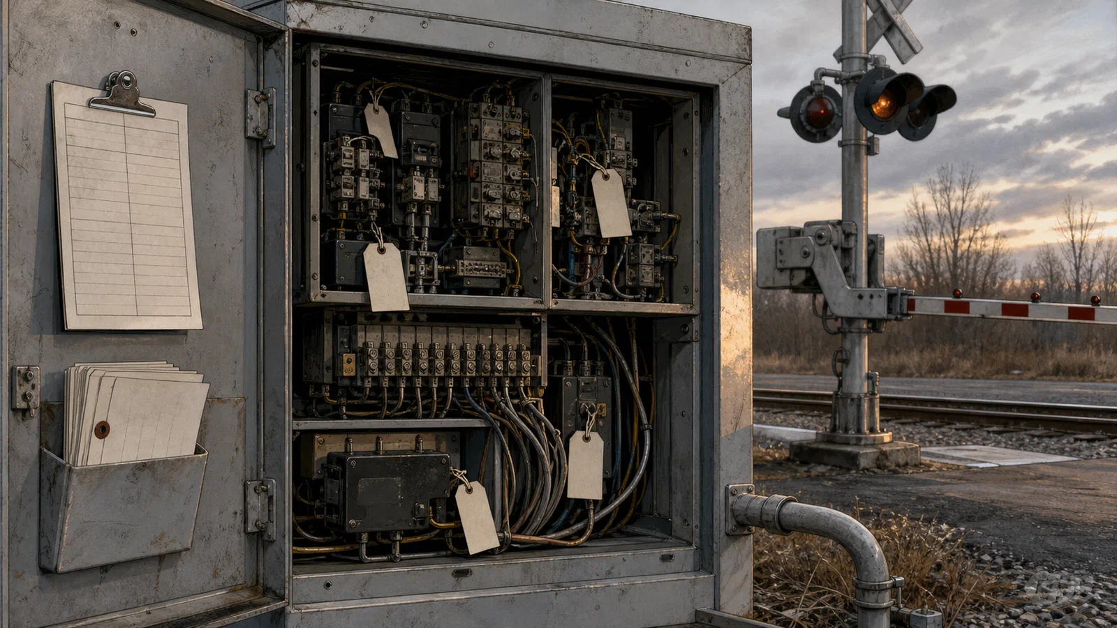 Editorial illustration of a signal cabinet opened beside a crossing, showing wires, inspection tags, warning lights, and a small federal inventory card.