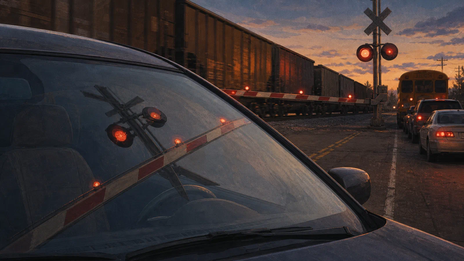 Editorial illustration of a lowered crossing gate reflected in a windshield, with stopped cars, a school bus silhouette, and a freight train passing through yellow warning light.