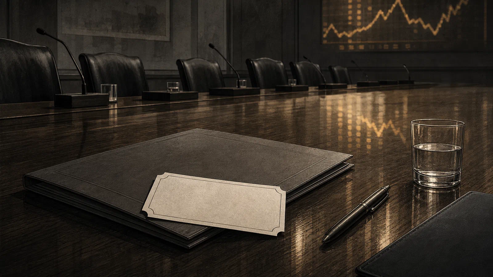 Editorial illustration of a prediction-market ticket resting on a closed briefing folder at a long Senate table, with a dim trading board reflected in polished wood.