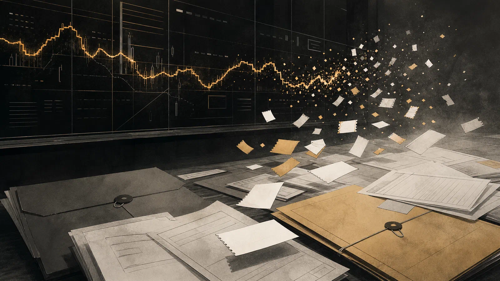 Editorial illustration of a glowing event-contract board dissolving into scattered yes-or-no tickets, government folders, and market price lines without readable text.