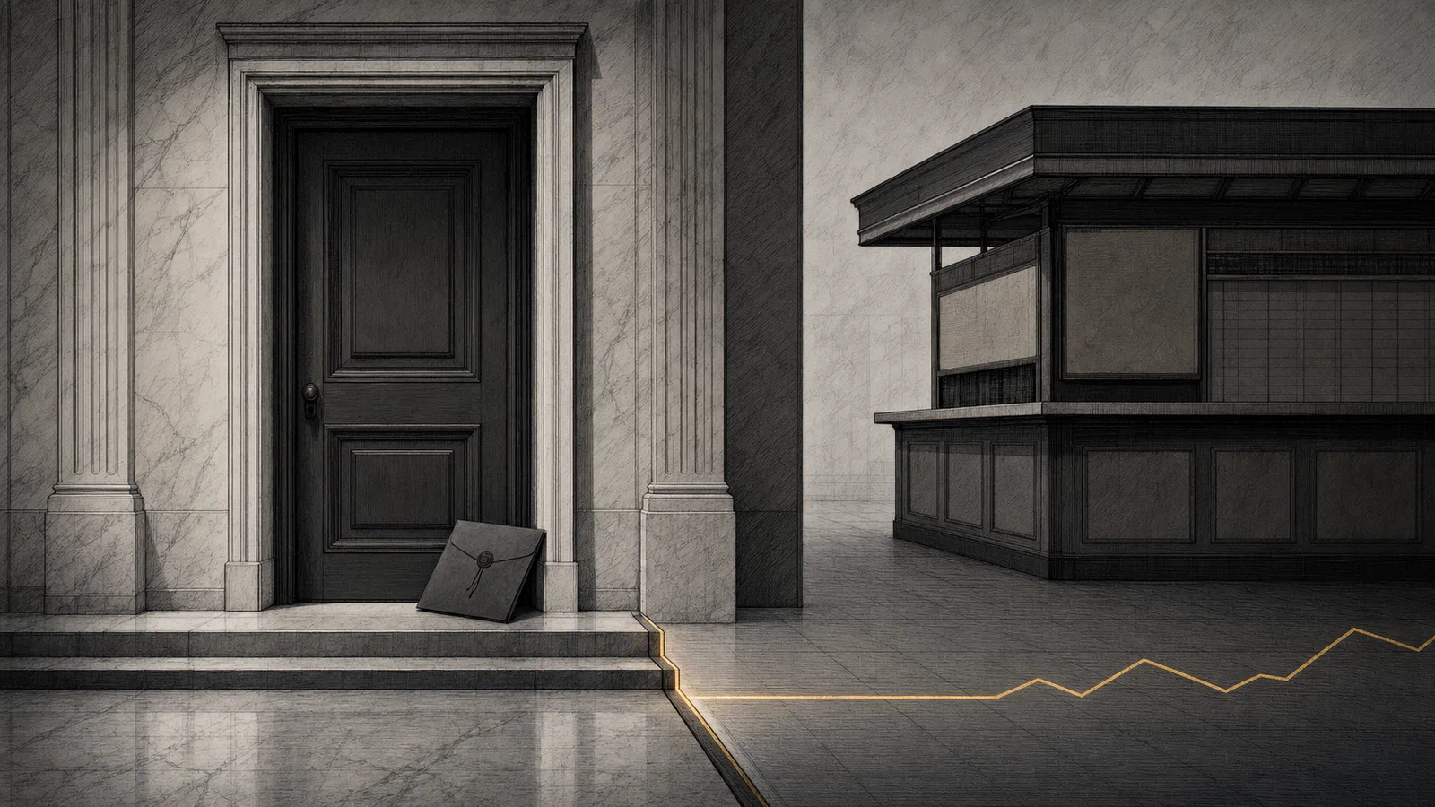 Editorial illustration of a closed briefing-room door beside an empty market kiosk, with a single lighted price line stopping at the threshold.