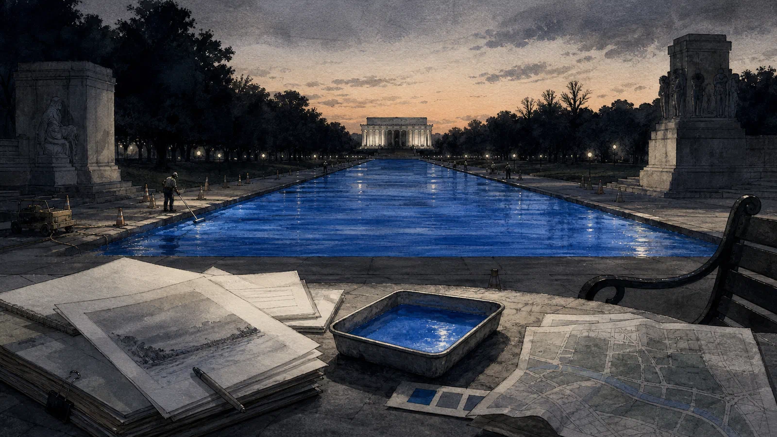 Editorial illustration of the Lincoln Memorial Reflecting Pool transformed into a blue civic worksite, with review papers, park maps, and public benches around it.