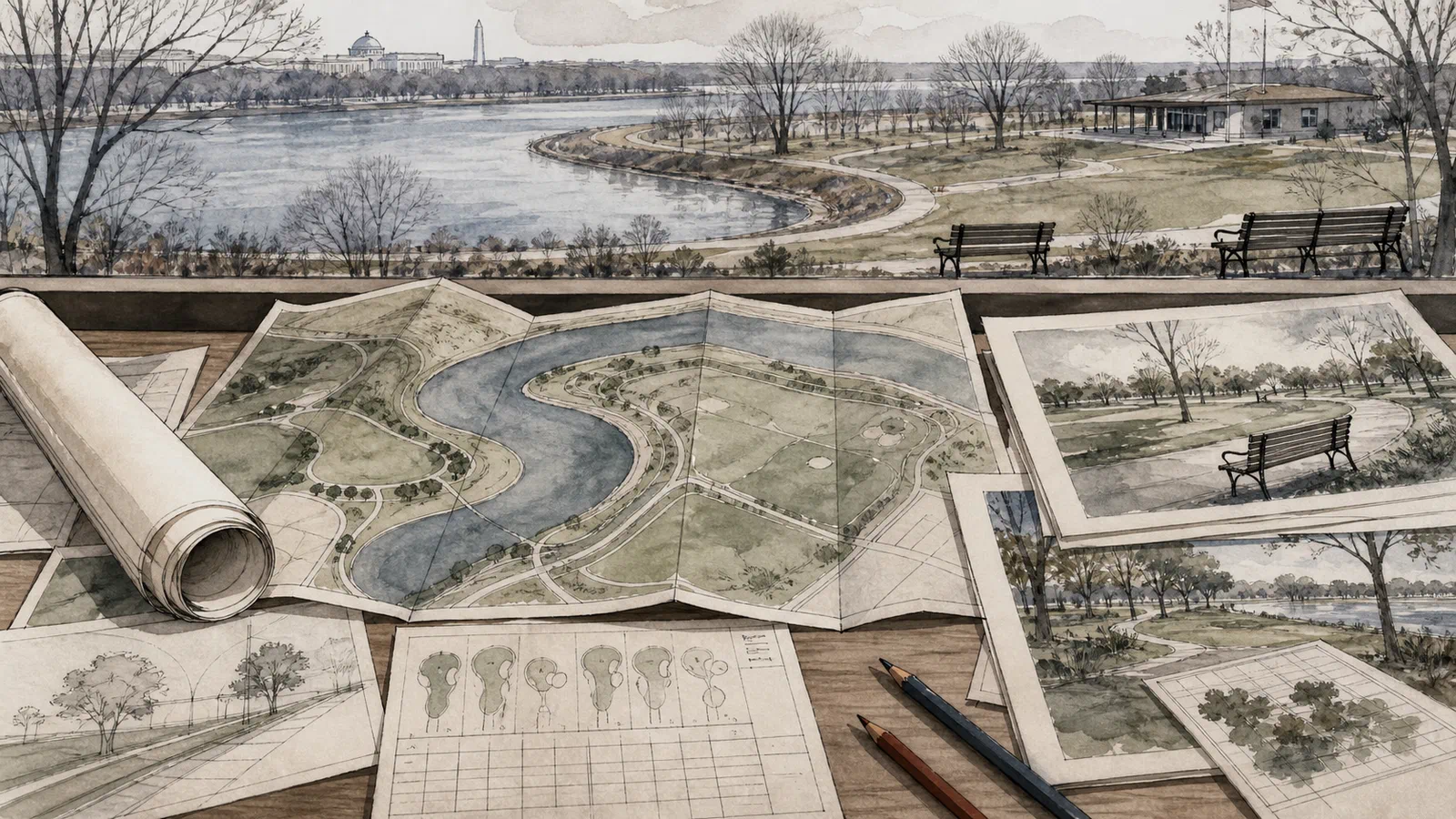 Editorial illustration of East Potomac Park as a public golf map under review, with paths, benches, river water, and folded planning papers gathered on a long table.