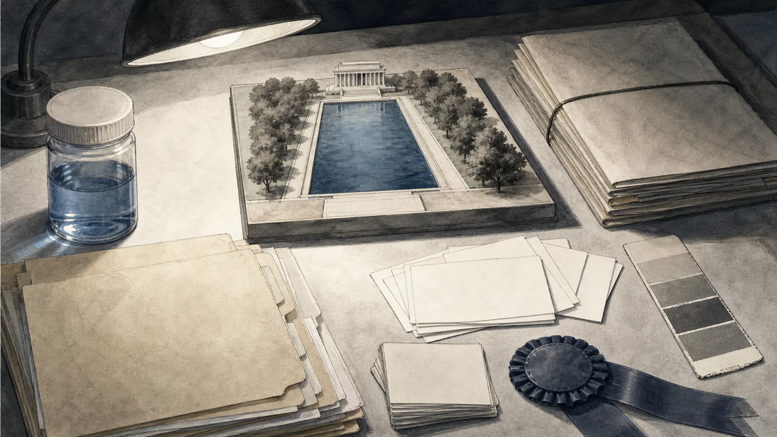 Editorial illustration of a federal review desk with a pool sample, preservation files, anniversary bunting, and public comment cards under one hard overhead light.