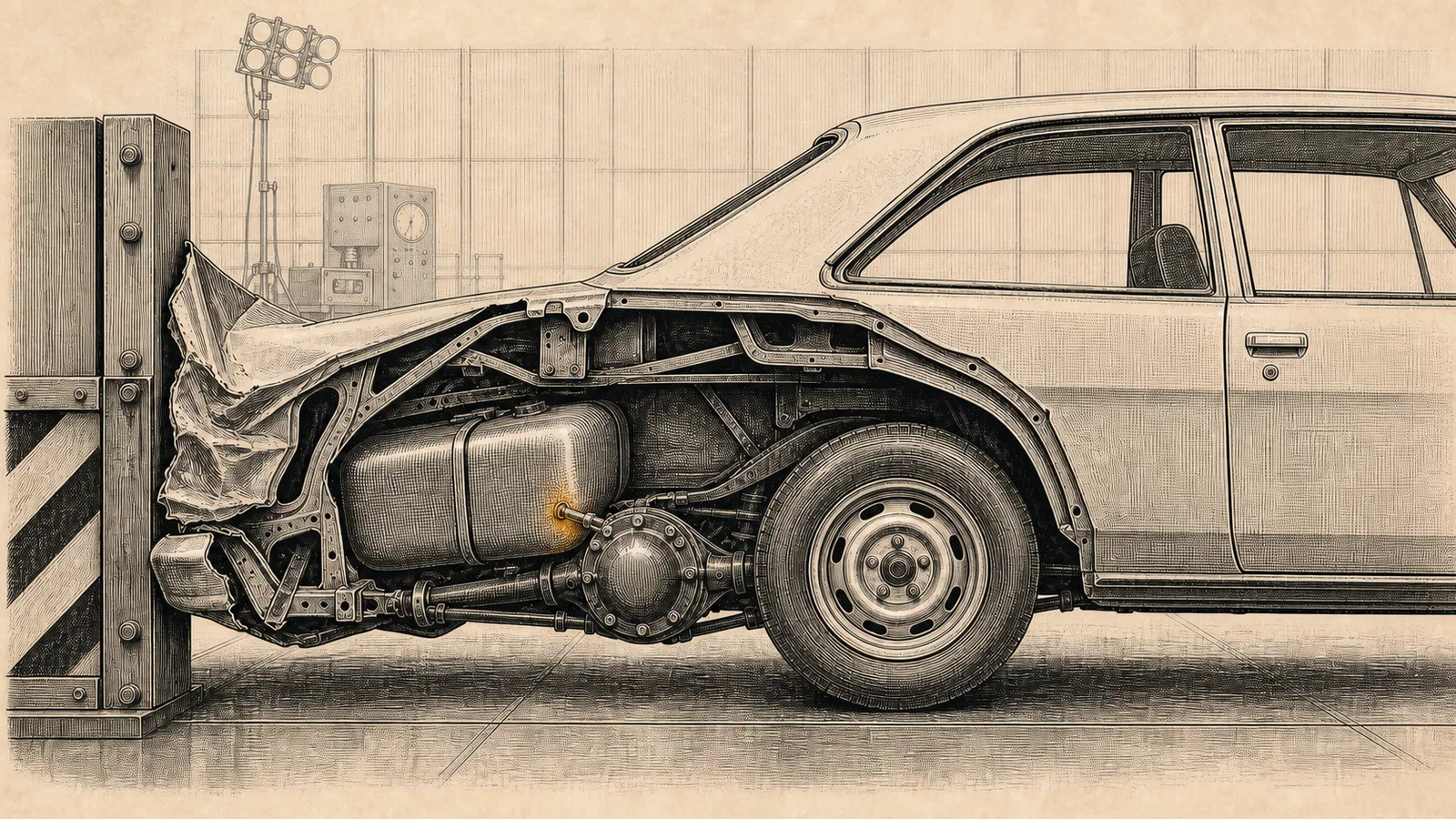 A side cutaway of a 1970s compact car after a rear crash shows the fuel tank behind the rear axle driven forward into a differential bolt.