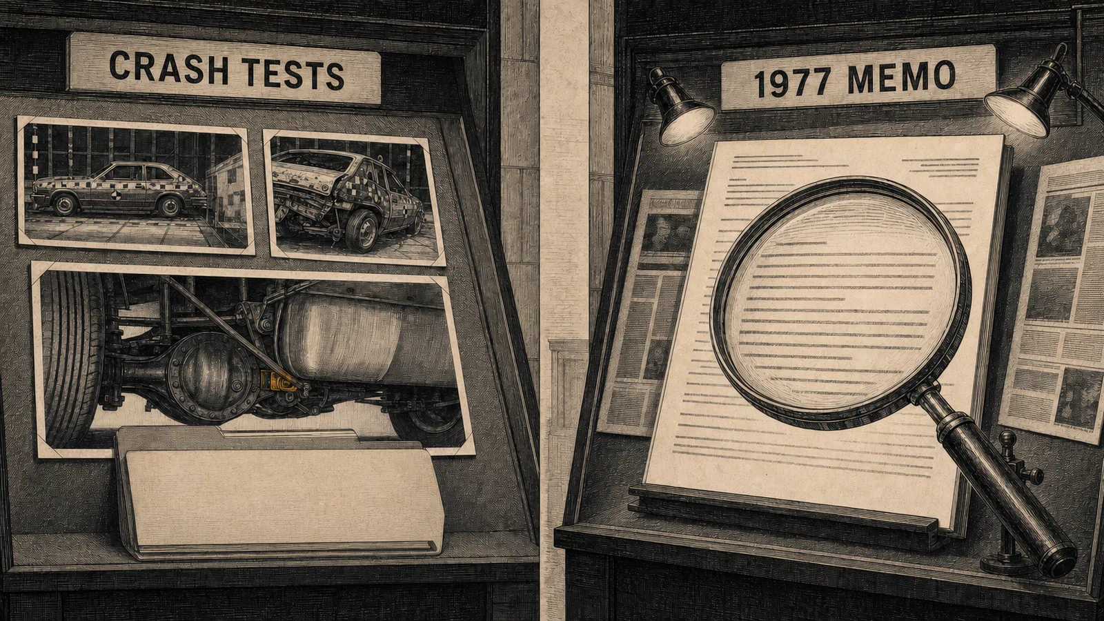 Two separate archive displays show earlier crash-test photographs on the left and a 1977 cost memo enlarged under later newspaper attention on the right.