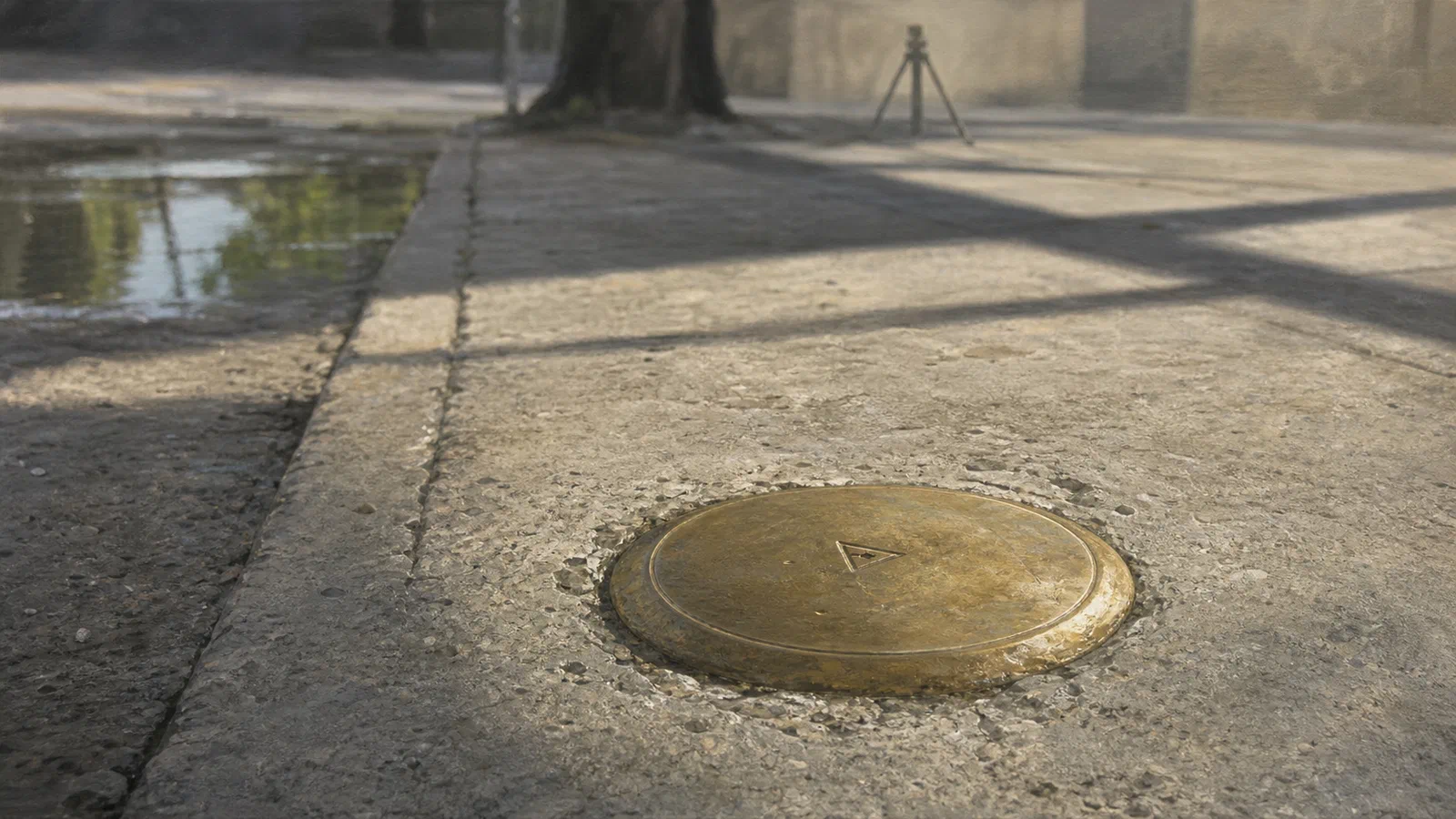 A brass survey disk set into a worn concrete sidewalk, with faint street-grid shadows and a survey tripod silhouette in morning light.