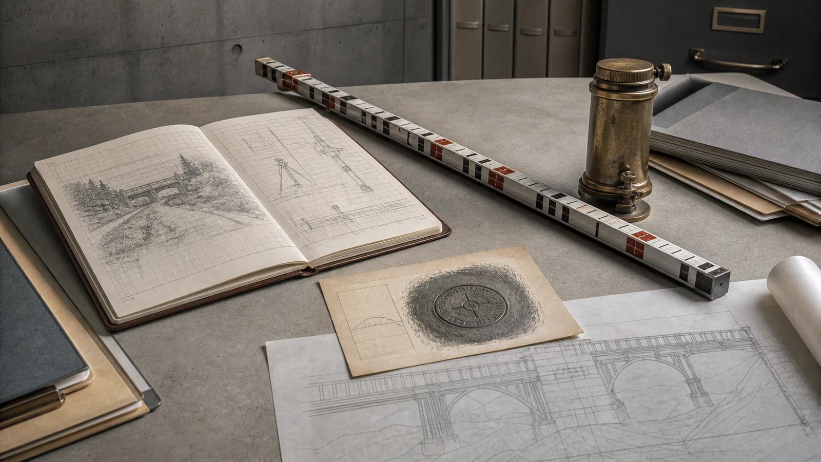 A surveyor’s field notebook, level rod, and old brass benchmark record on a municipal records desk, with a bridge plan partly visible.