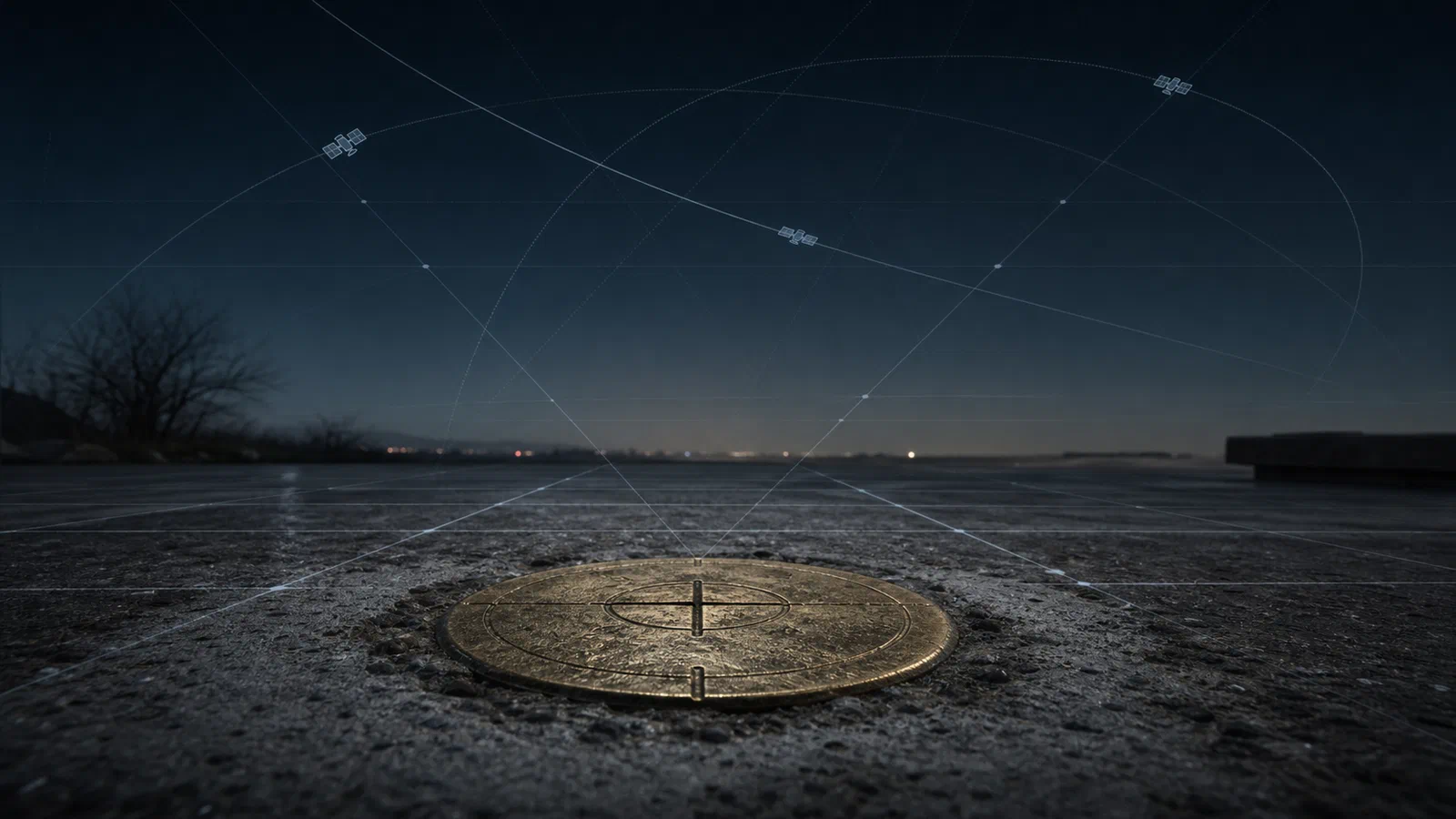 A night scene with a brass survey disk glowing faintly under a transparent overlay of satellite paths and public-record grid lines.