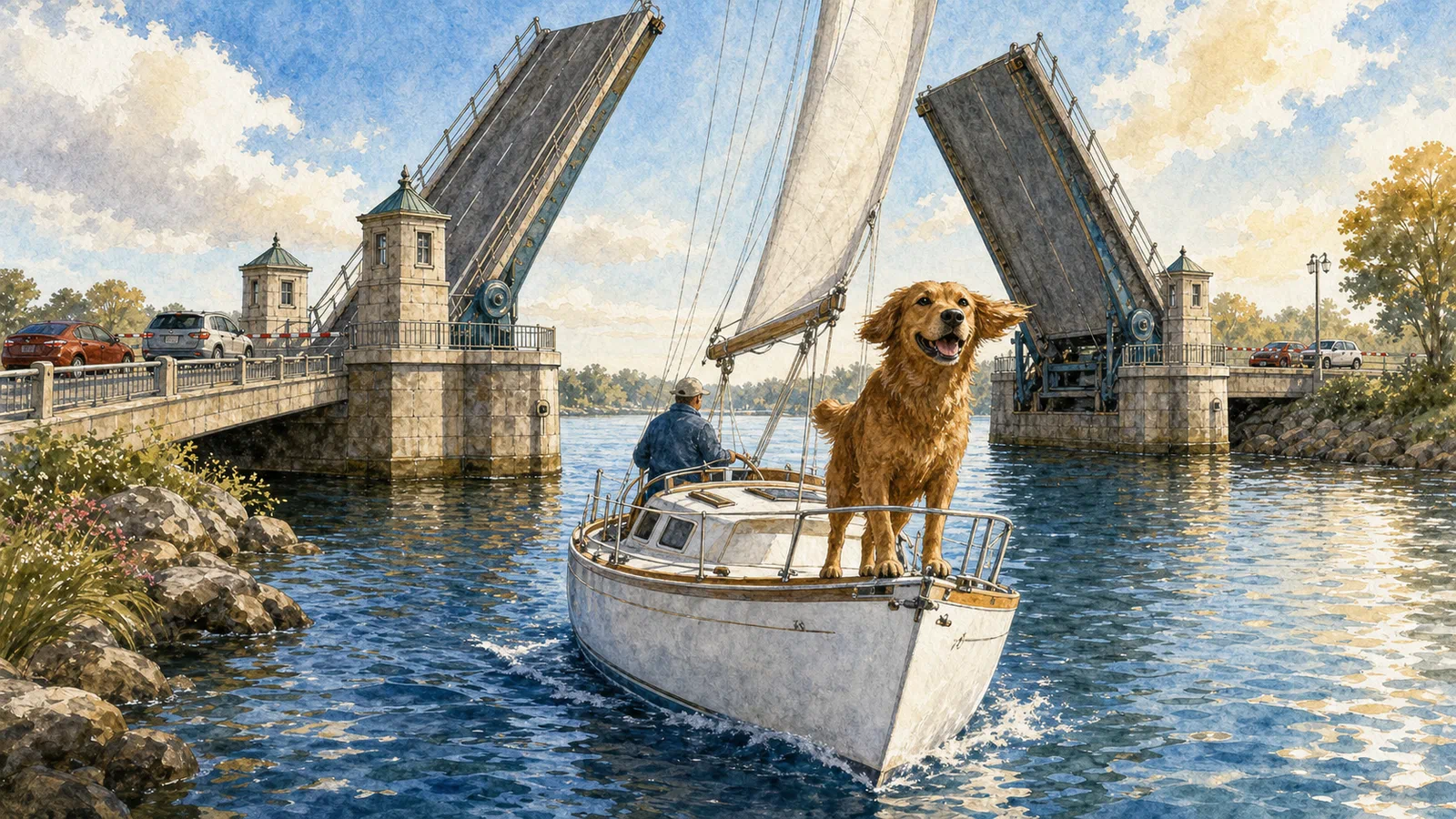 A happy brown dog stands at the bow of a white sailboat passing between raised drawbridge leaves, with an anonymous sailor at the wheel and cars waiting on dry road approaches behind striped gates.