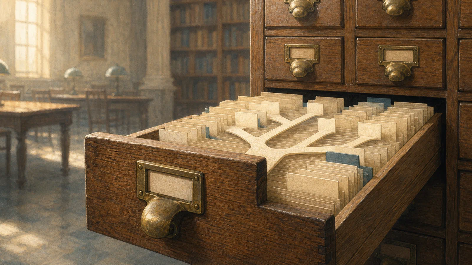An open oak card catalog drawer in a quiet reading room, with catalog cards arranged like search paths.