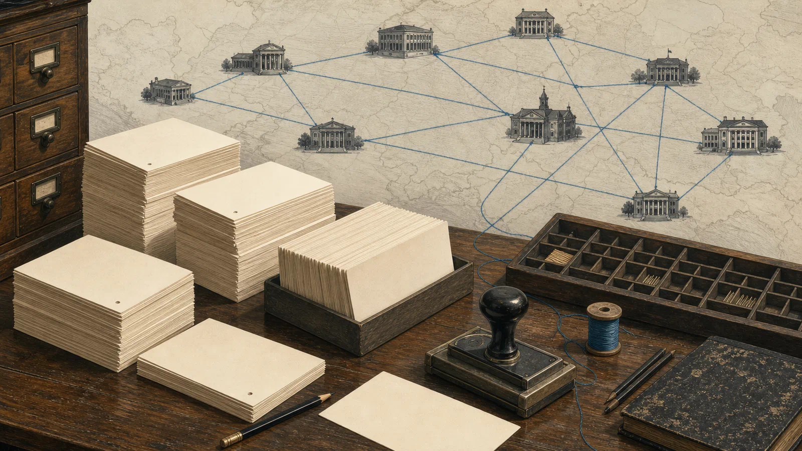 A cataloging desk with printed cards, type trays, pencils, stamps, and a map of small libraries connected by thin lines.