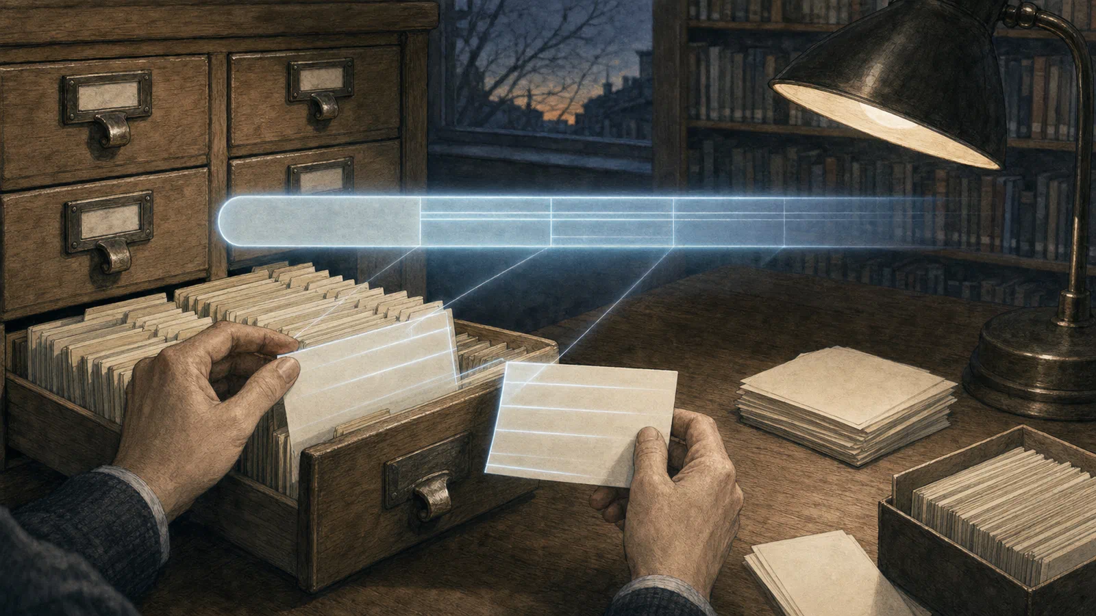 A modern search glow crossing a physical card catalog drawer while a librarian sorts paper records.