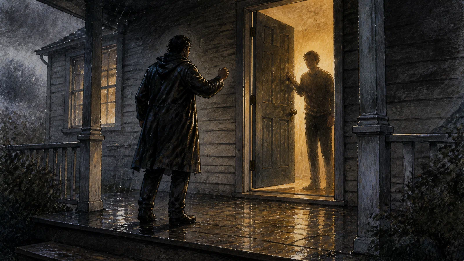 A rain-soaked anonymous walker raises a hand just short of a front door as it opens from inside and another anonymous person waits in warm light.