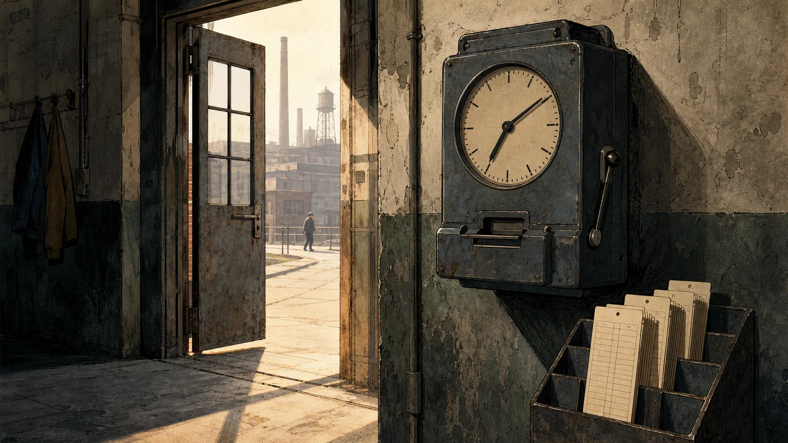 An editorial illustration of a mechanical time clock beside a factory doorway with blank punch cards in a rack.