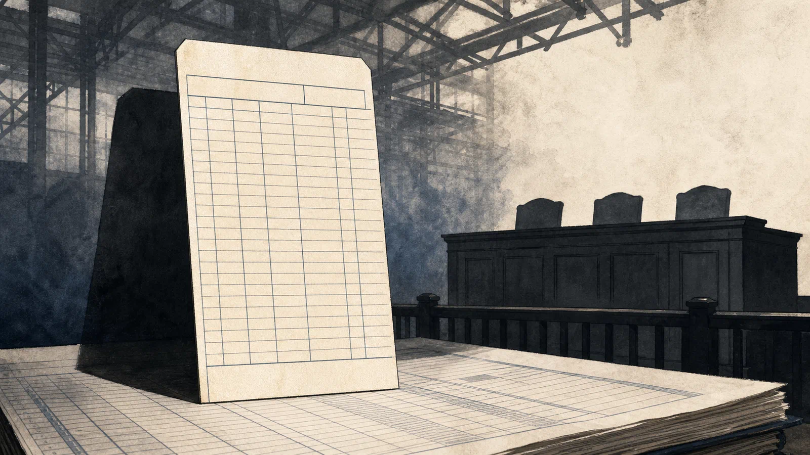 An editorial illustration of a blank time card enlarging into a payroll ledger and courtroom exhibit, with factory shadows behind it.