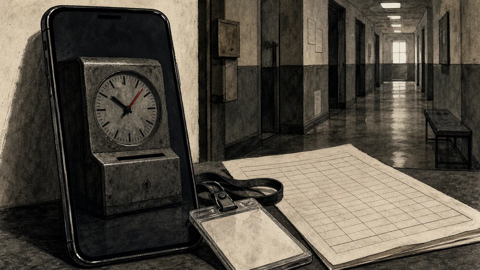 An editorial illustration of an old time clock reflected in a modern phone timekeeping app, with a worker badge and payroll sheet nearby and no readable text.