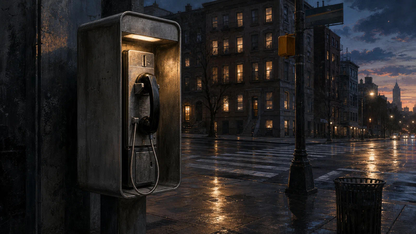 Editorial illustration of an old metal payphone on a city corner at dusk, its coin slot and receiver lit by a soft phone-booth glow while apartment windows and a crosswalk sit in the background.