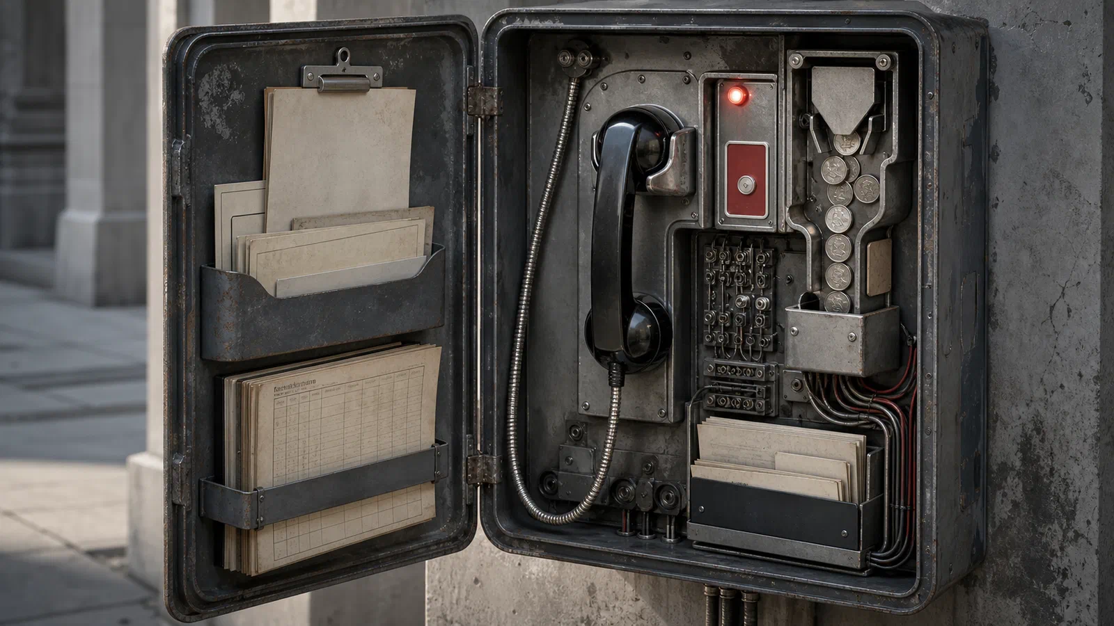 Editorial illustration of a payphone opened like a civic machine, showing a coin path, receiver cord, emergency light, and abstract permit papers without readable words or logos.