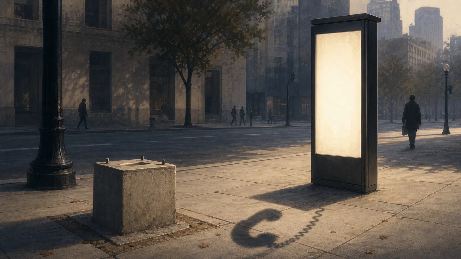 Editorial illustration of an empty sidewalk payphone pedestal beside a slim modern public kiosk, with a receiver-cord shadow crossing the pavement and pedestrians passing without readable signs.