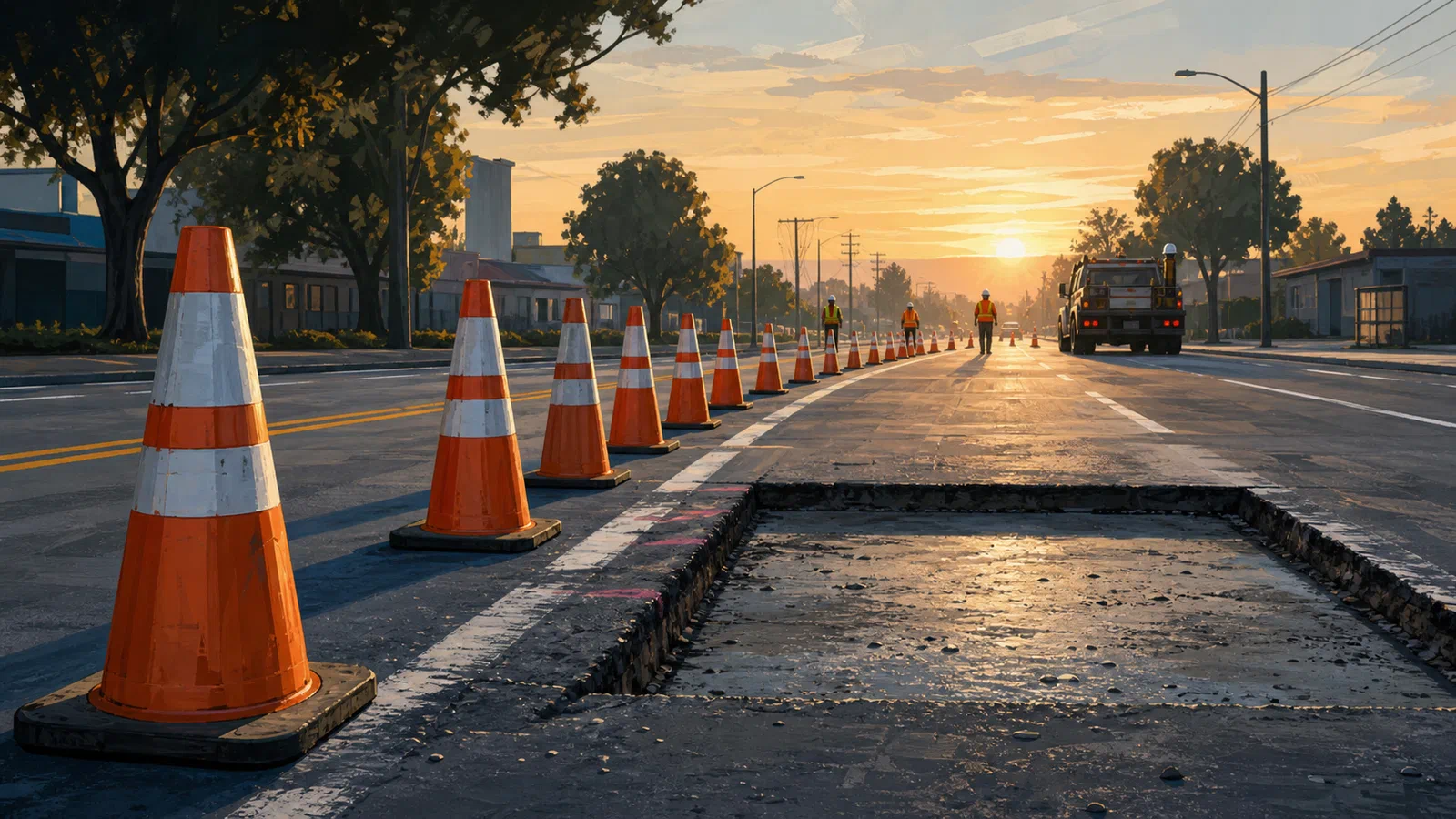 A line of clean orange traffic cones bending a live lane around a fresh pavement cut at dawn, with workers distant and traffic continuing past them.