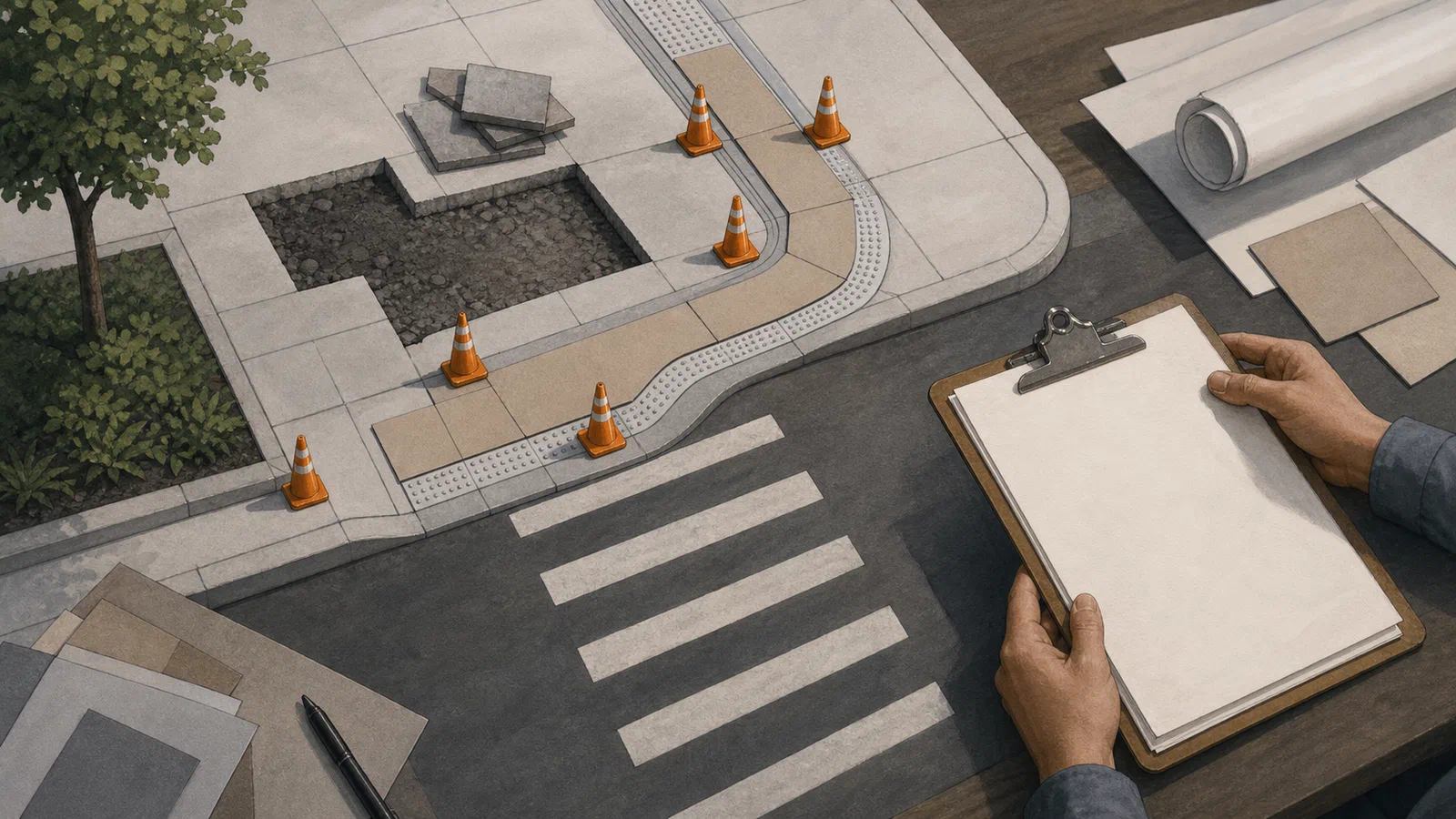 A tabletop plan of a temporary street route, with miniature cones, a sidewalk detour, a cane-detectable edge, a utility cut, and a worker clipboard.