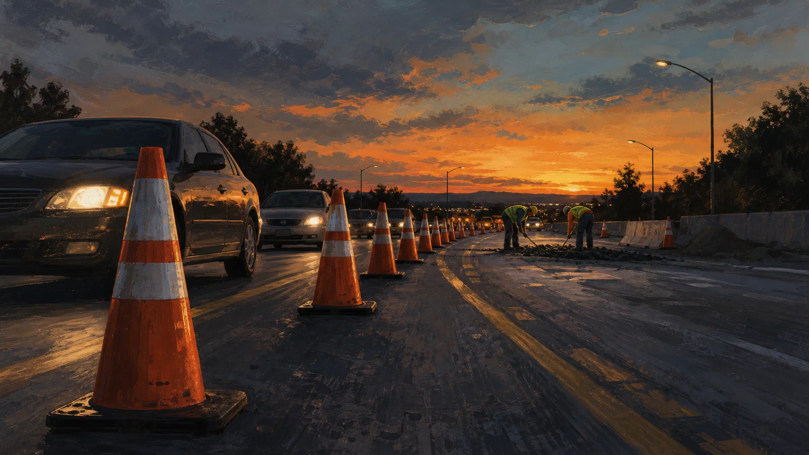 A dusk work zone seen from low road level, with orange cones reflecting headlights while workers repair pavement behind a clear temporary path.