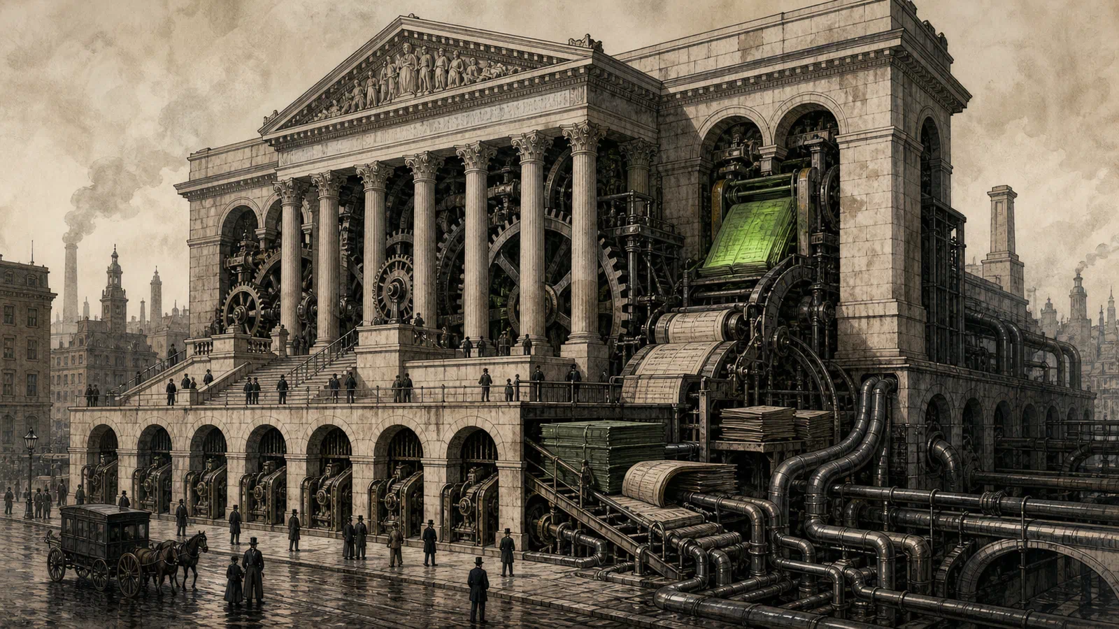 Editorial illustration of Tweed Courthouse as a marble municipal machine turning public bills into ward favors.