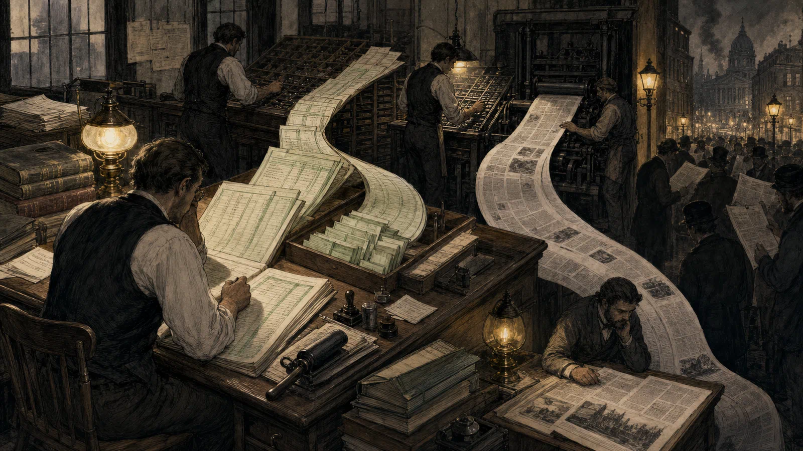 Editorial illustration of a newspaper workroom turning exposed municipal ledgers into public scandal.