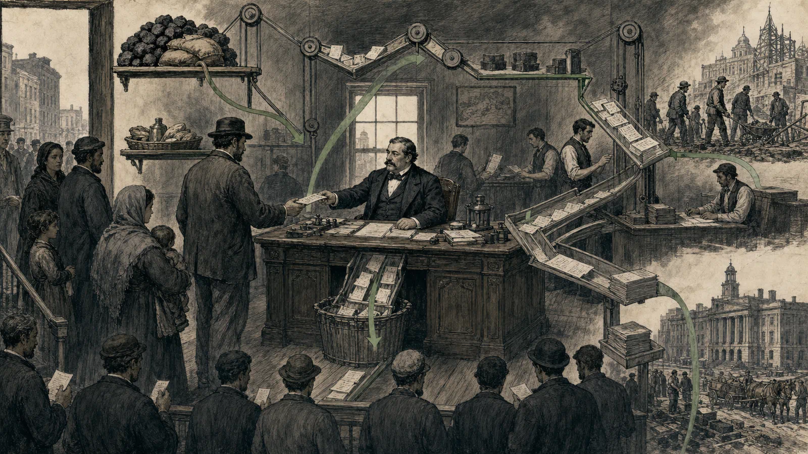 Editorial illustration of Tammany ward politics as a handoff of aid, ballots, contracts, and obligation.