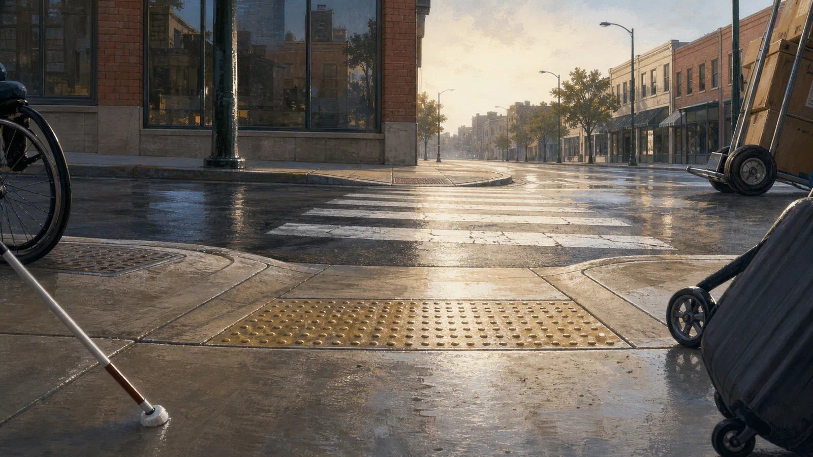 Editorial illustration of a city corner where a curb ramp, tactile warning domes, crosswalk, stroller, cane, wheelchair wheel, and hand truck meet in quiet morning light.