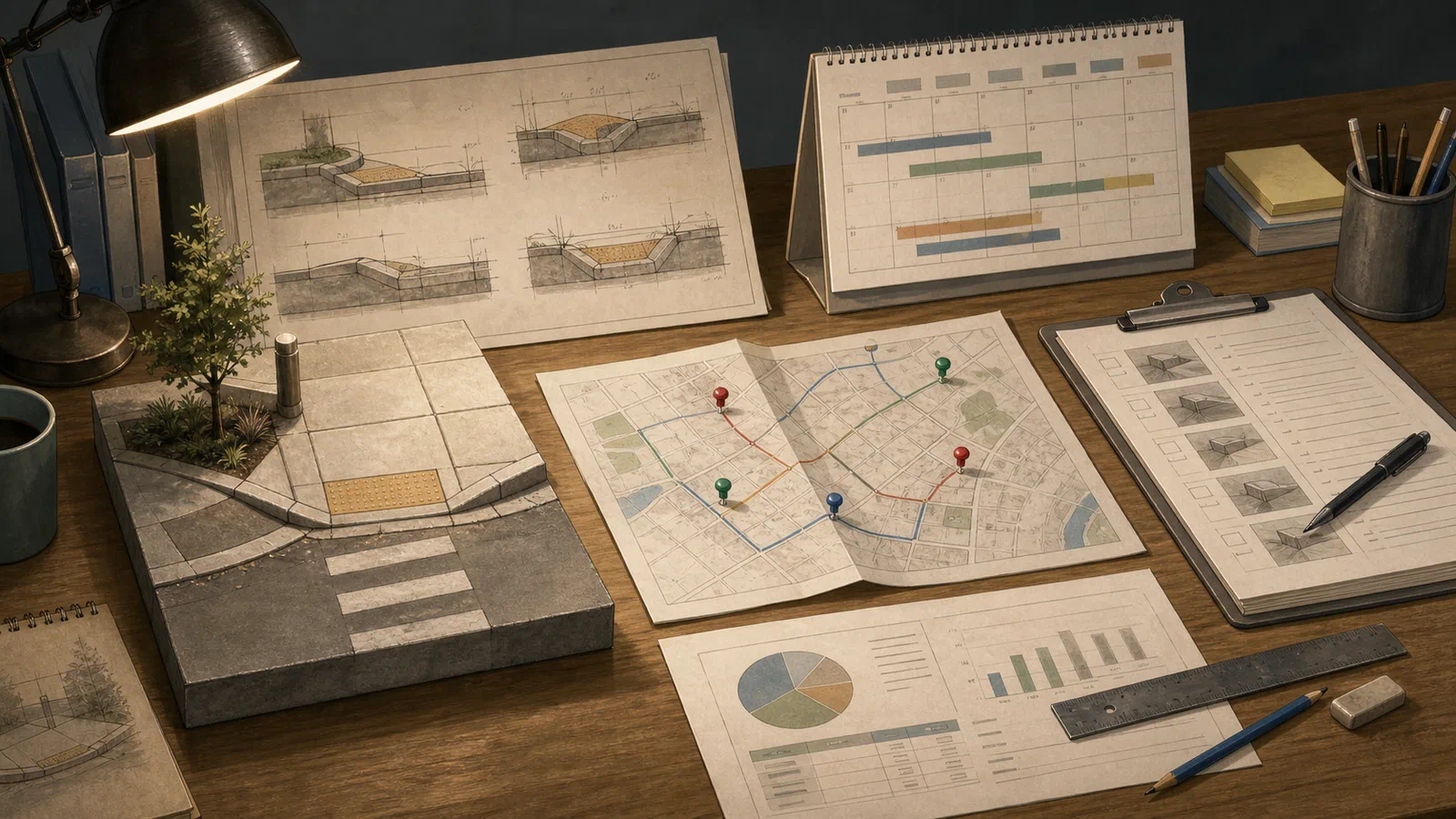 Editorial illustration of a municipal work table with a curb ramp plan, ADA transition map, paving calendar, and small concrete corner model under a desk lamp.