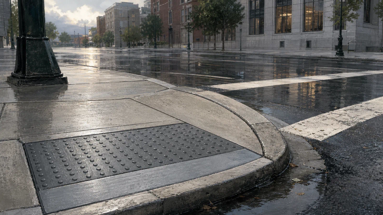 Editorial illustration of a quiet sidewalk corner after rain, with tactile domes, a clear crosswalk, repaired concrete seams, and a faint reflection of city buildings.