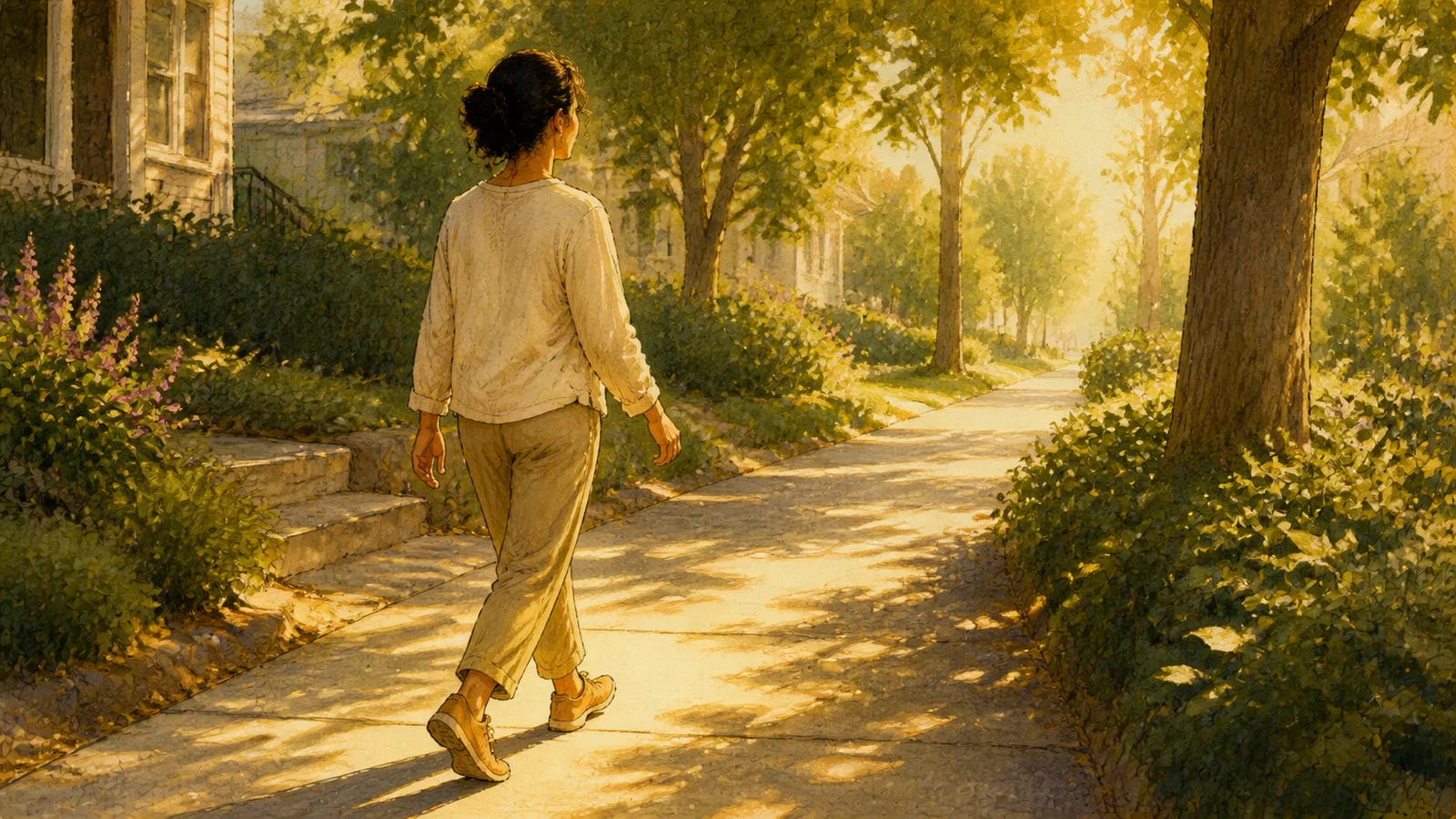 The same anonymous adult walks in an easy stride along a sunlit tree-lined neighborhood path while golden morning light crosses the pavement.