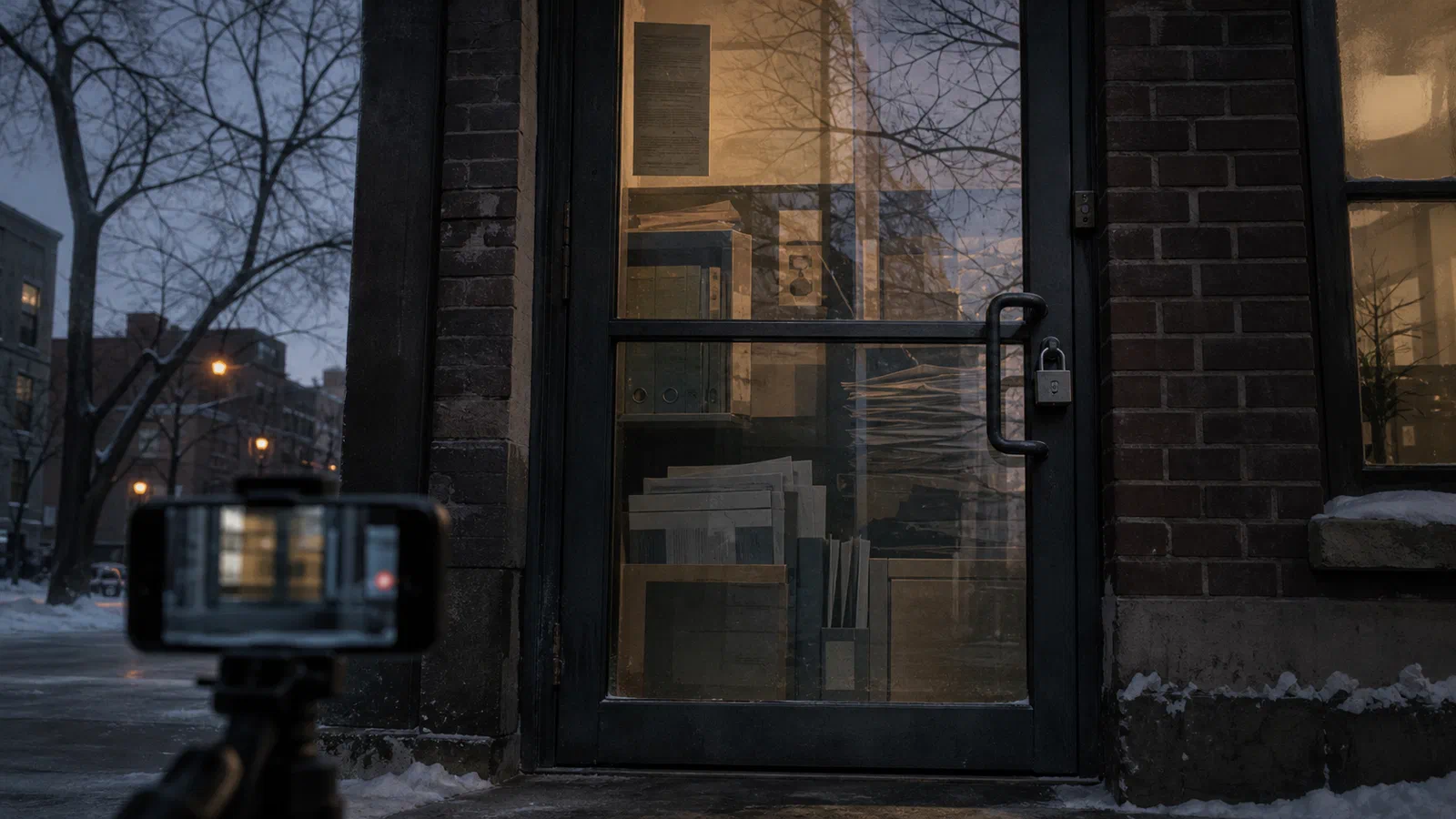A winter child-care entrance reflected in a camera lens, with public records and court files visible through the glass.
