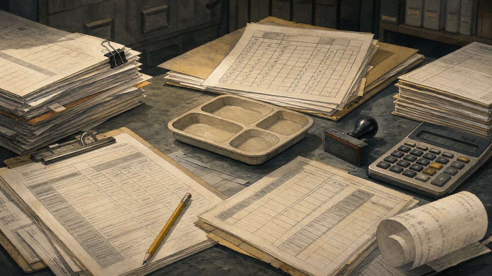 A table covered with meal rosters, reimbursement forms, a small lunch tray, and audit marks, with no readable text.