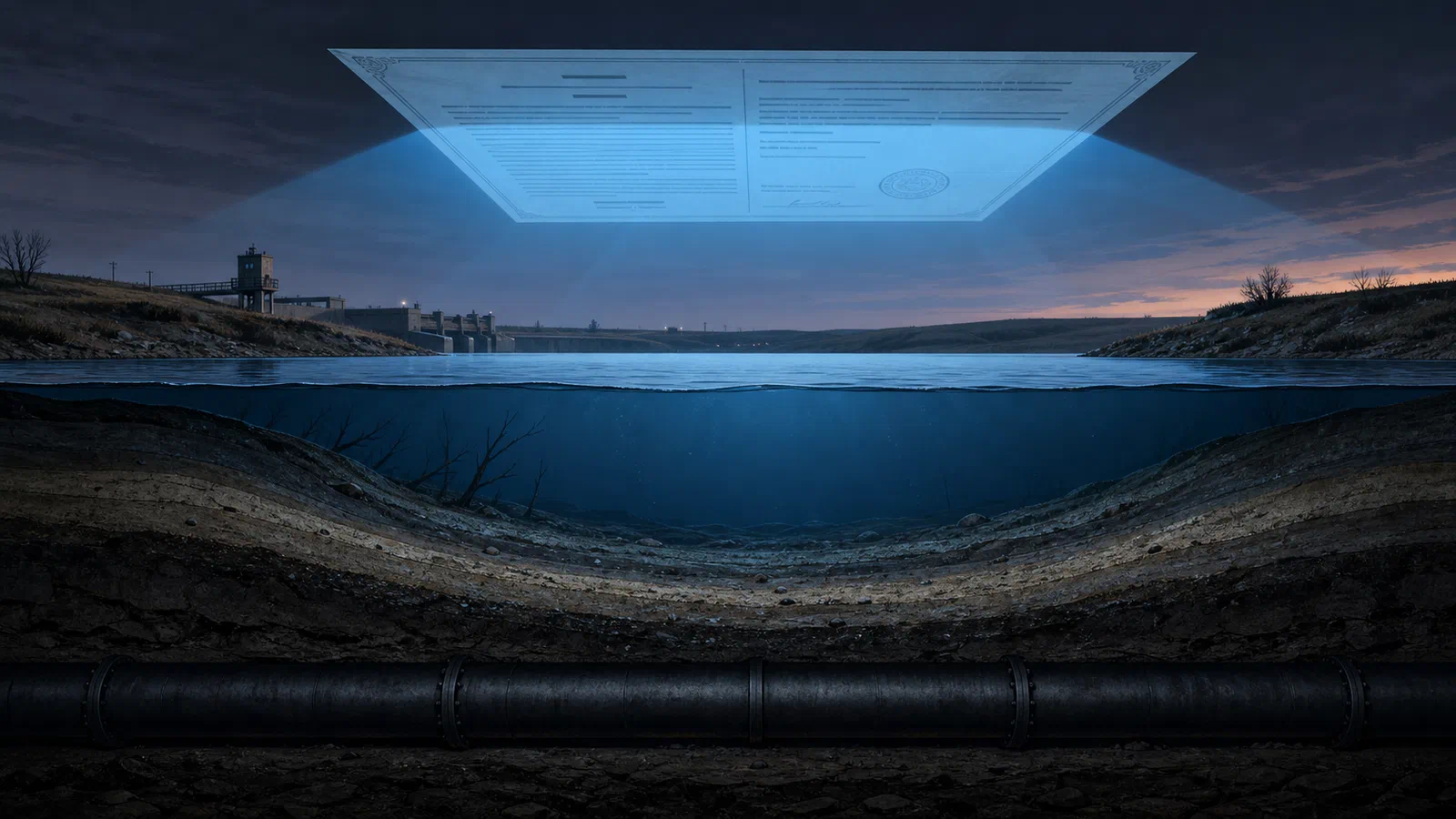 Editorial illustration of Lake Oahe shown in cross-section, with a dark pipeline beneath the water and an official easement document casting blue light across the shore.