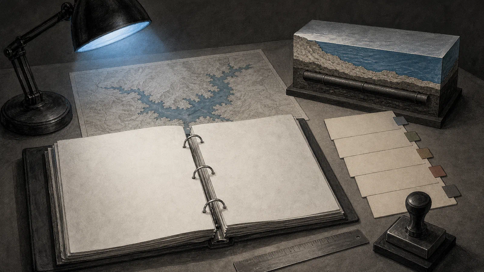 Editorial illustration of a government desk holding an open environmental review binder, a Lake Oahe map, five alternative route tabs, and a small pipeline cross-section under a cool blue desk lamp.