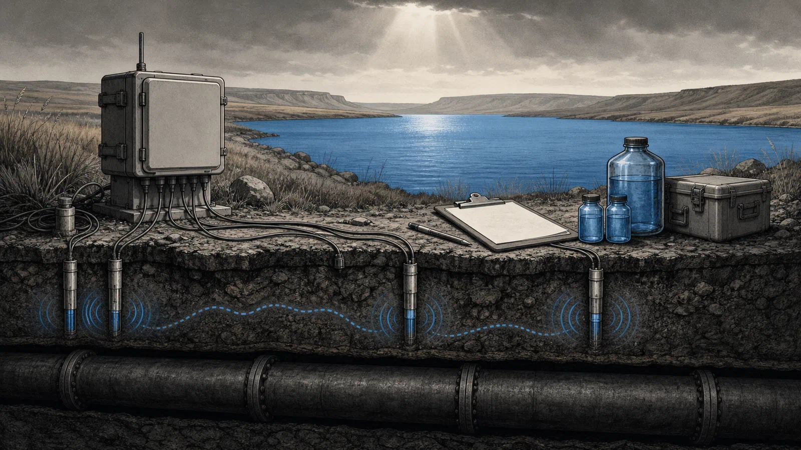 Editorial illustration of Lake Oahe monitoring equipment, groundwater wells, sensor cables, water containers, and a dark pipeline shadow below the shoreline, all tied together by controlled blue signal light.