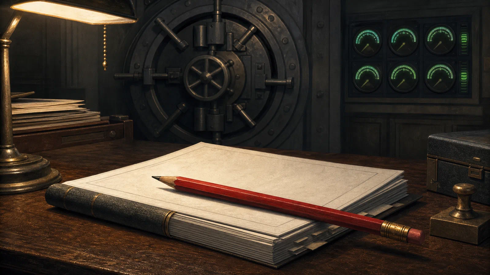 An editorial illustration of a red pencil resting across a thick bank examination report on a desk, with a vault door and green risk gauges in the background.