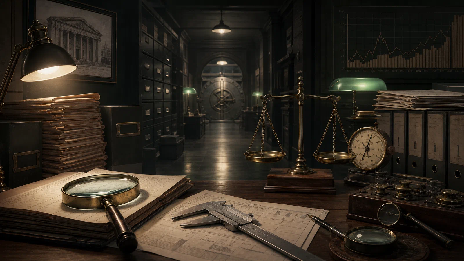 A serious editorial illustration of bank exam instruments, paper files, and inspection lenses arranged around a shadowed vault corridor.