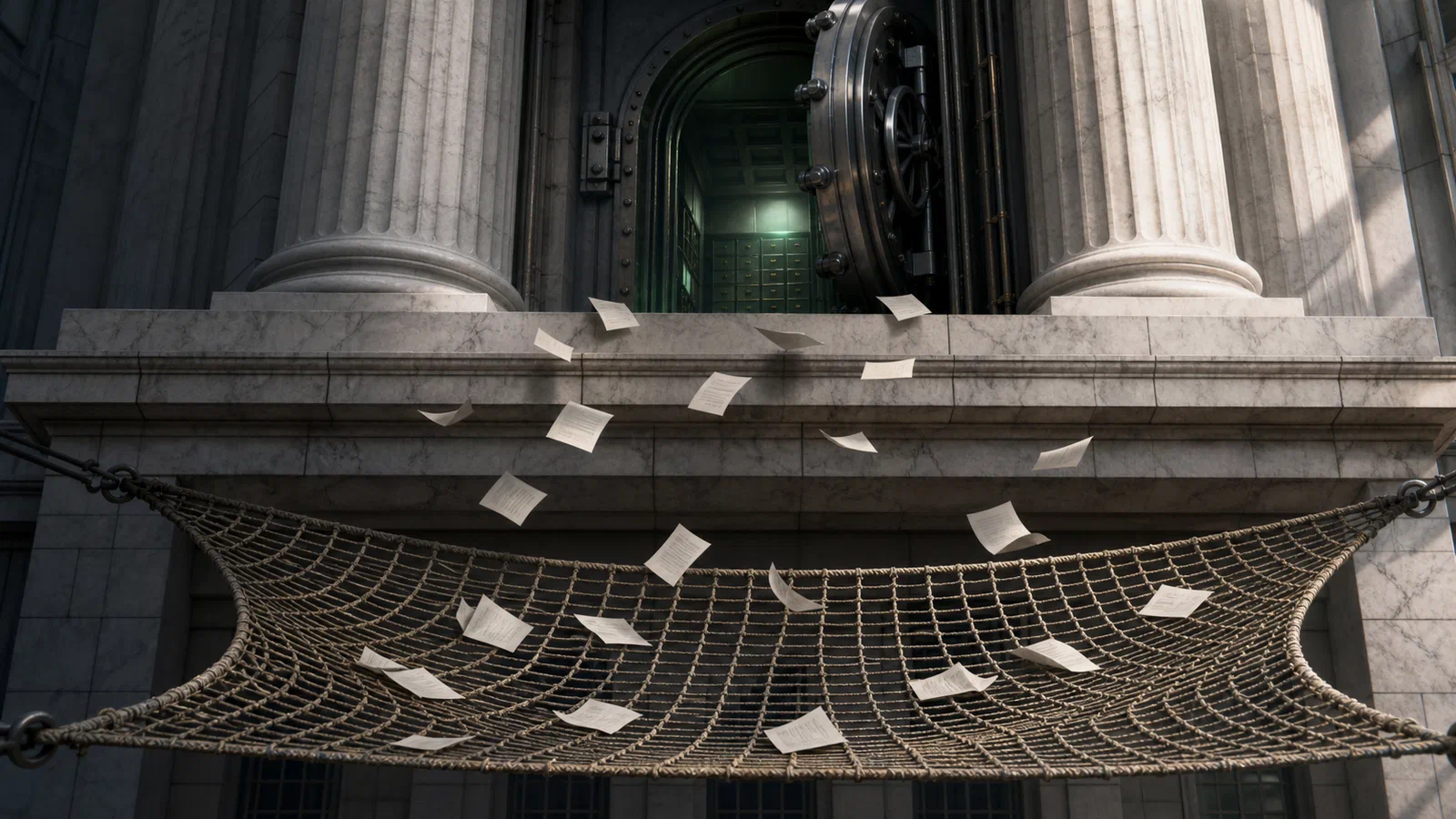 An editorial illustration of a public safety net stretched beneath a marble bank facade while warning slips fall toward it.