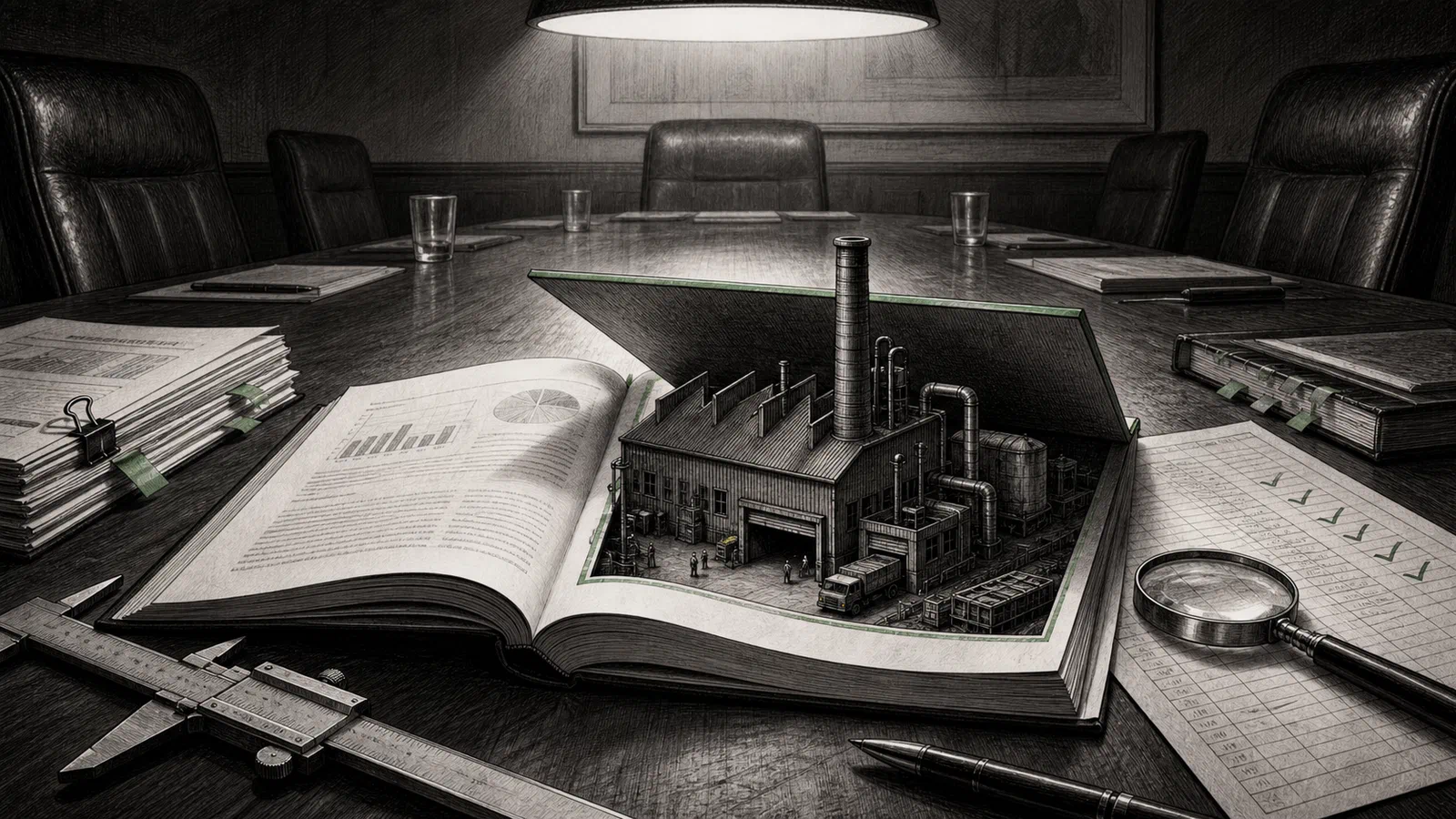 Editorial illustration of a factory silhouette rising out of an annual-report footnote, with audit marks, carbon ledgers, and a quiet boardroom table.