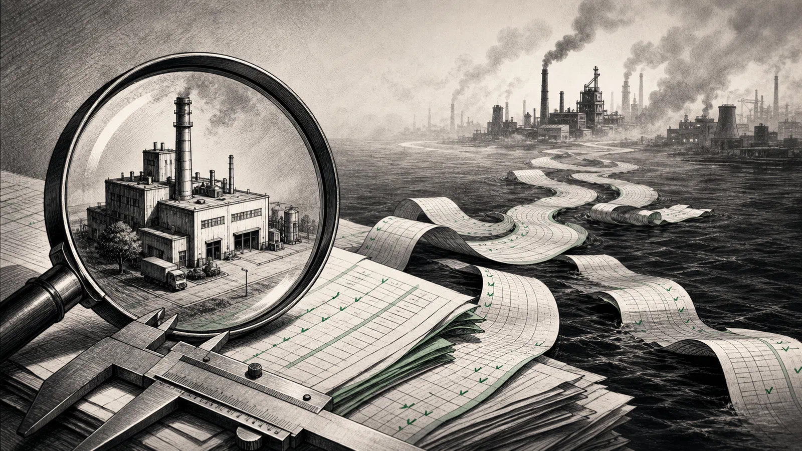 Editorial illustration of carbon ledgers flowing across an ocean toward darker factory silhouettes, while a cleaner domestic factory remains under a magnifying glass.